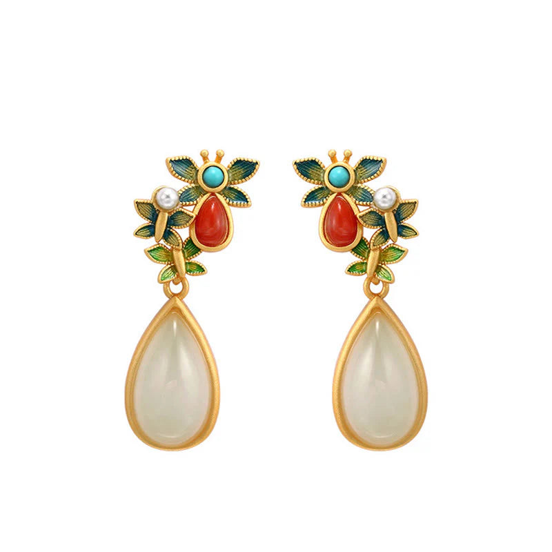Buddha Stones Water Drop White Jade Red Agate Butterfly Protection Drop Dangle Earrings