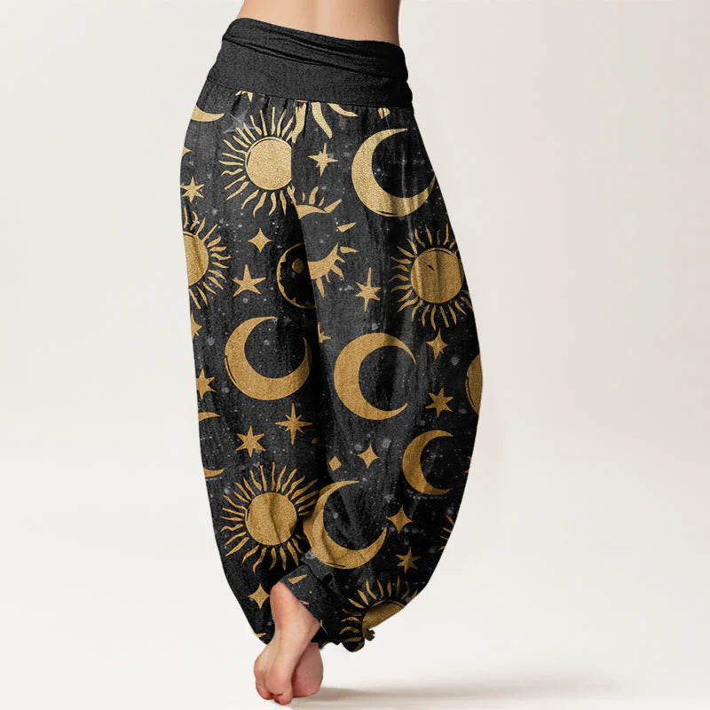 Buddha Stones Cotton Crescent Moon Sun Stars Pattern Design Women's Elastic Waist Harem Pants