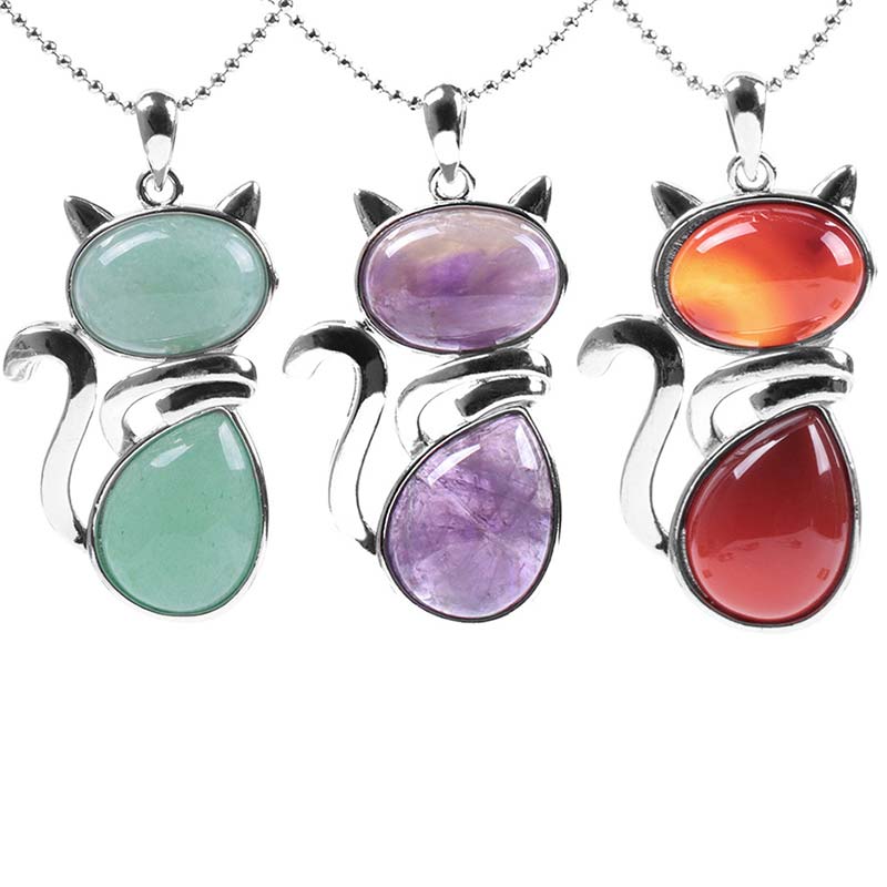 Buddha Stones Cat Pattern Natural Crystal Protection Necklace Pendant (Extra 35% Off | USE CODE: FS35)