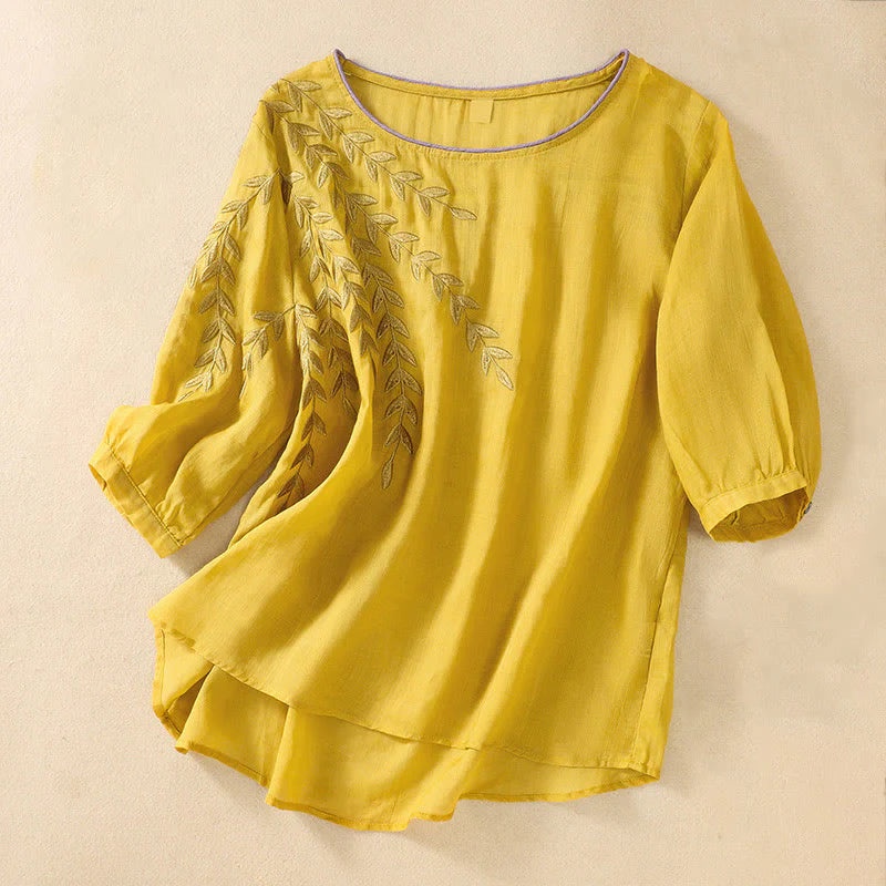 Buddha Stones Embroidery Leaves Women's Cotton Linen Half Sleeve T-shirt
