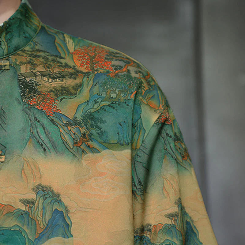 Buddha Stones Spring Frog-Button Dragon Mountain Flower Three Quarter Sleeve Tang Suit Men's Shirt With Pockets