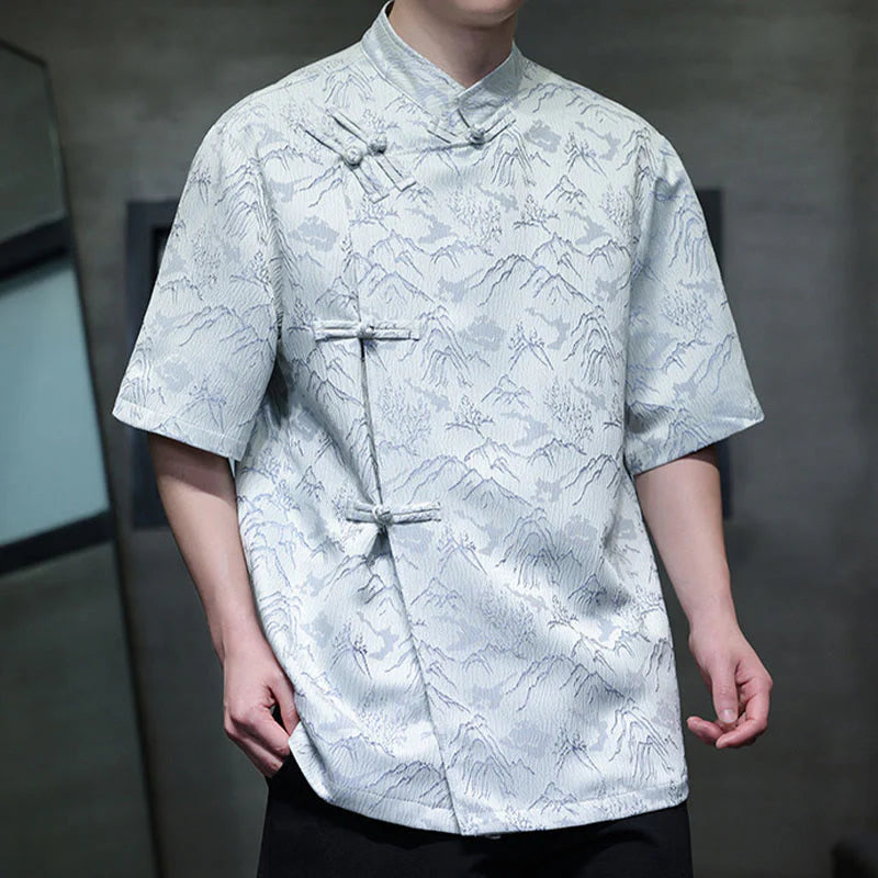 Buddha Stones Summer Mountain Pattern Jacquard Chinese Frog-Button Cotton Short Sleeve Men's Shirt