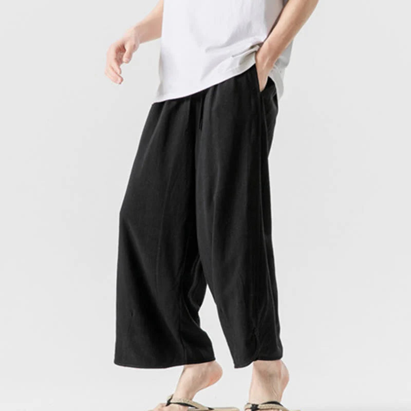 Buddha Stones Casual Loose Frog-Button Plain Men's Cotton Linen 7-8 Length Pants With Pockets