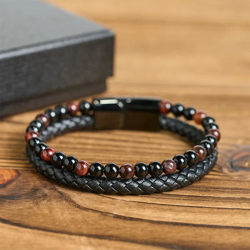 Buddha Stones Black Onyx Tiger Eye Titanium Steel Leather Protection Bracelet
