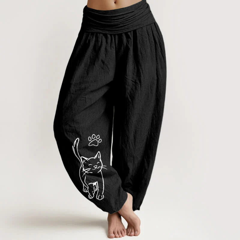 Buddha Stones Pure Cotton Cute Cat Print Women's Harem Elastic Waist Pants