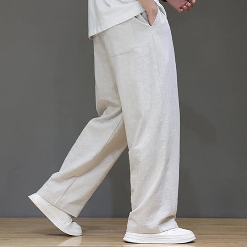 Buddha Stones Summer Men's Cotton Linen Straight Leg Pants With Pockets