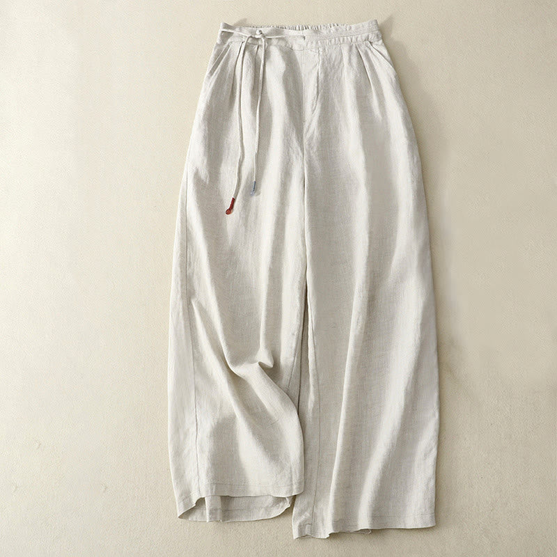 Buddha Stones Spring Casual Solid Color Drawstring Design  Women's Cotton Linen 7-8 Length Wide Leg Pants With Pockets