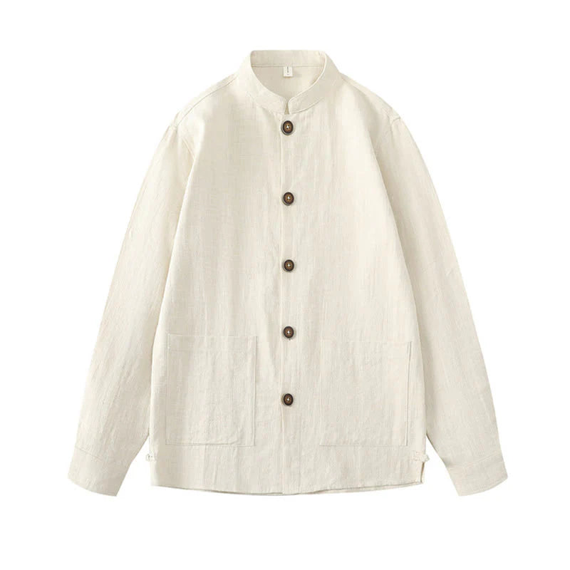 Buddha Stones Men's Button Ramie Linen Cotton Fleece Lined Jacket Shirt With Pockets