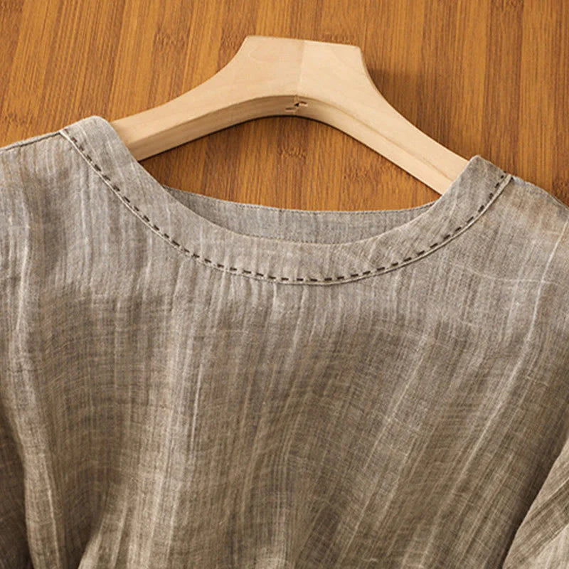 Buddha Stones Casual Summer Plain Crew Neck Women's  Cotton Linen Three Quarter Sleeve T-Shirt