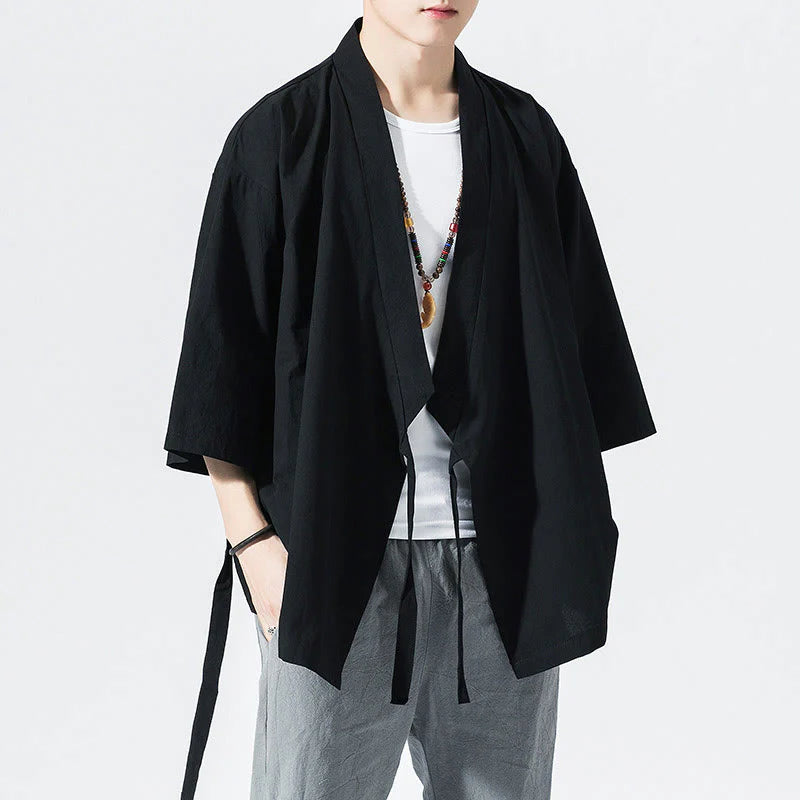 Buddha Stones Tang Suit Open Front Jacket Cotton Linen Men's Three Quarter Sleeve Kimono