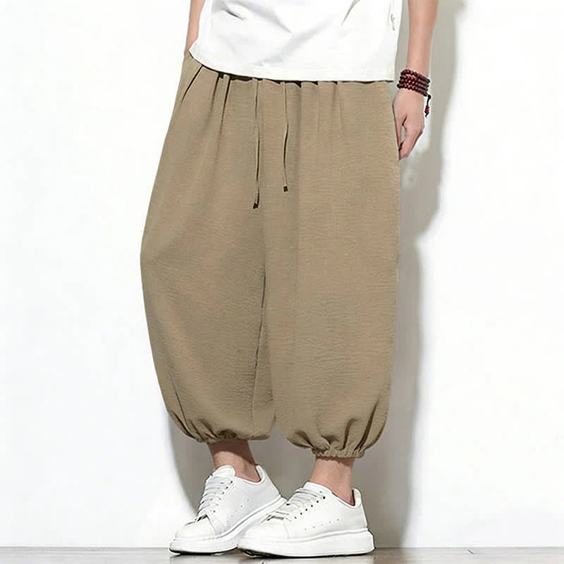 Buddha Stones Spring Solid Color Drawstring Elastic Design Men's Harem Capri Pants