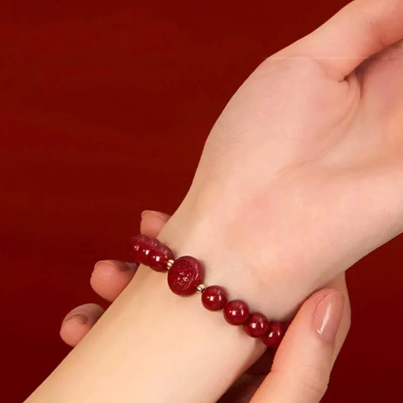 Buddha Stones Chinese Zodiac Year Of The Horse Carved Cinnabar Peaceful Blessing Bracelet
