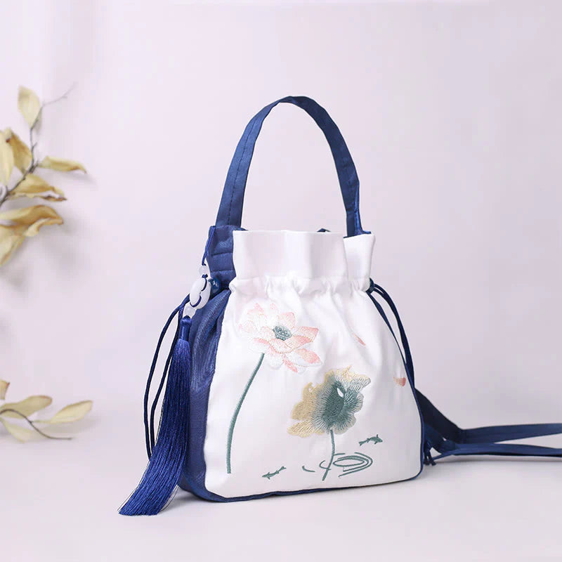 Buddha Stones Embroidered Lotus Koi Fish Crane Camellia Cotton Linen Tote Crossbody Bag Shoulder Bag Handbag