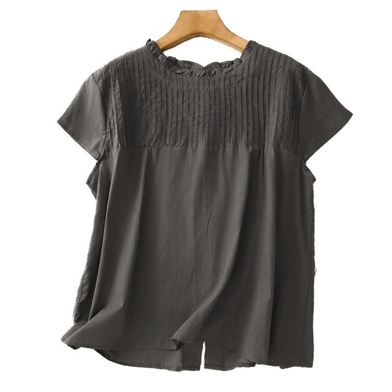 Buddha Stones Summer Pure Color Ruffled Pleated Design Women's Cotton Short Sleeve Shirt