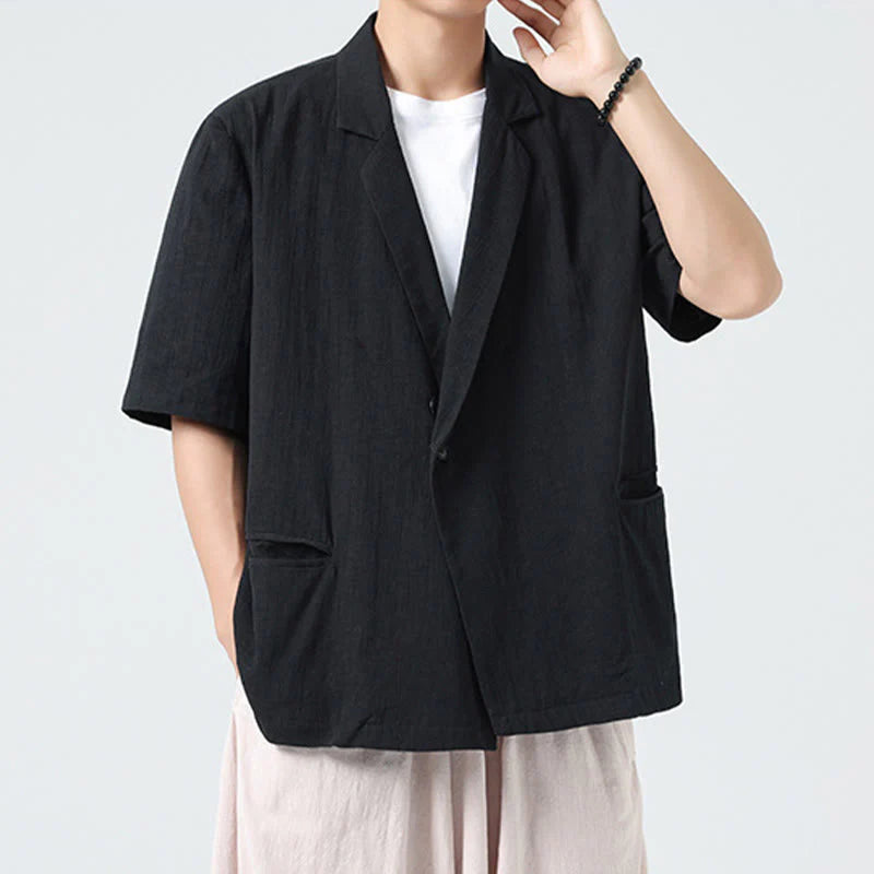 Buddha Stones Spring Plain Asymmetrical Lapel Collar Short Sleeve Men's Cotton Linen Shirt With Pockets