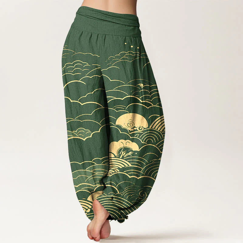 Buddha Stones Cotton Classical Clouds Spiral Pattern Women's Elastic Waist Harem Pants