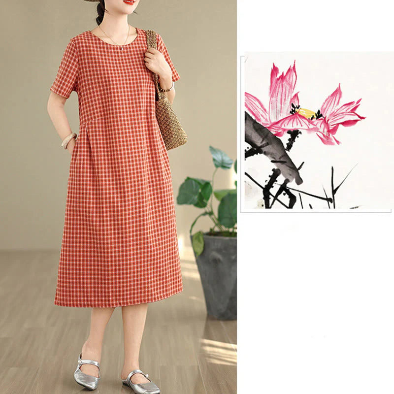Buddha Stones Commute Plaid Pattern Simple Design Cotton Linen Short Sleeve Midi Dress With Pockets