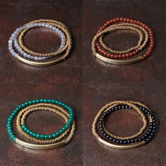 Buddha Stones Tibetan Various Agate Stone Copper Protection Triple Wrap Bracelet