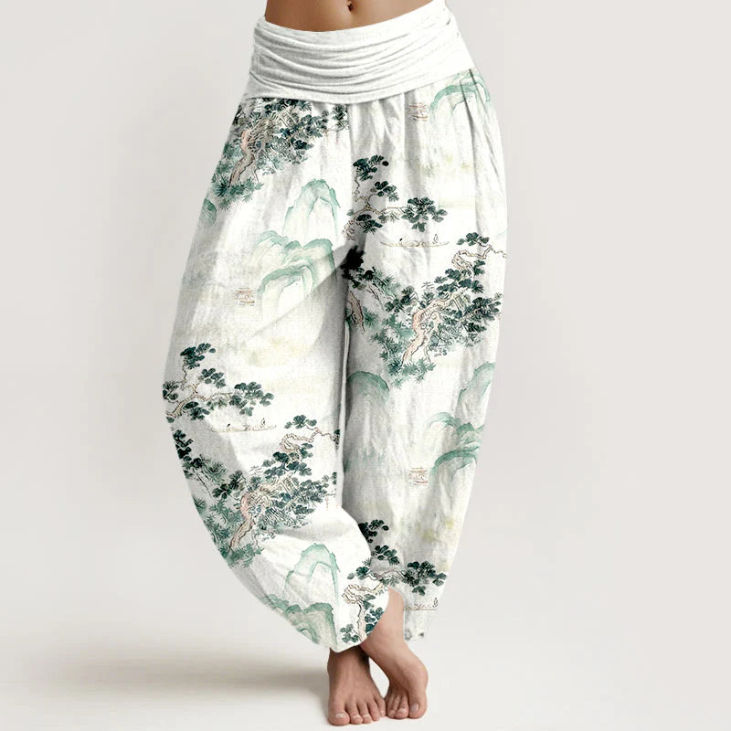 Buddha Stones Print Pine Trees Mountains Pattern Pure Cotton Women's Elastic Waist Harem Pants