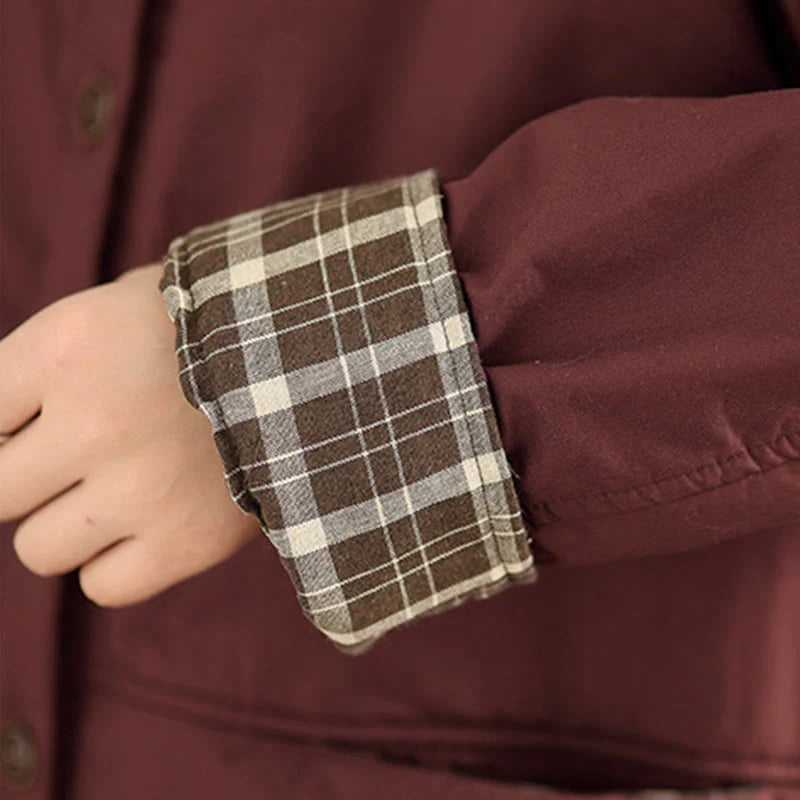Buddha Stones Plaid Hoodie Pattern Women's Long Sleeve Cotton Thickened Jacket With Pockets