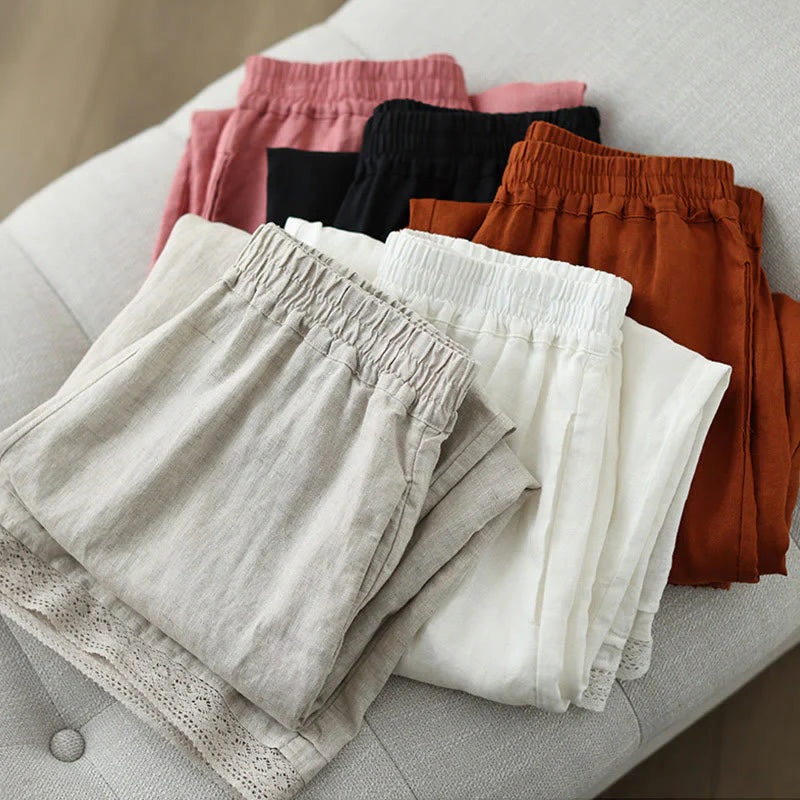 Buddha Stones Commute Retro Plain Lace Patchwork Design 7-8 Length Women's Wide Leg Cotton Pants With Pockets