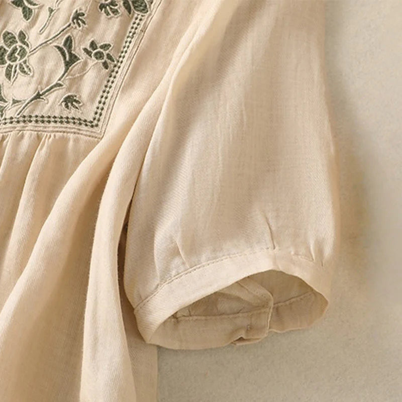 Buddha Stones Embroidery Single Breasted Women's Cotton Linen Three Quarter Sleeve Shirt