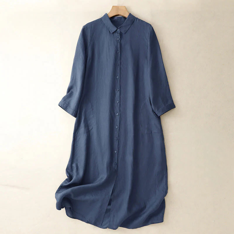 Buddha Stones Fall Commute Plain Buttons Design Long Sleeve Cotton Midi Dress With Pockets