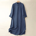 Buddha Stones Fall Commute Plain Buttons Design Long Sleeve Cotton Midi Dress With Pockets