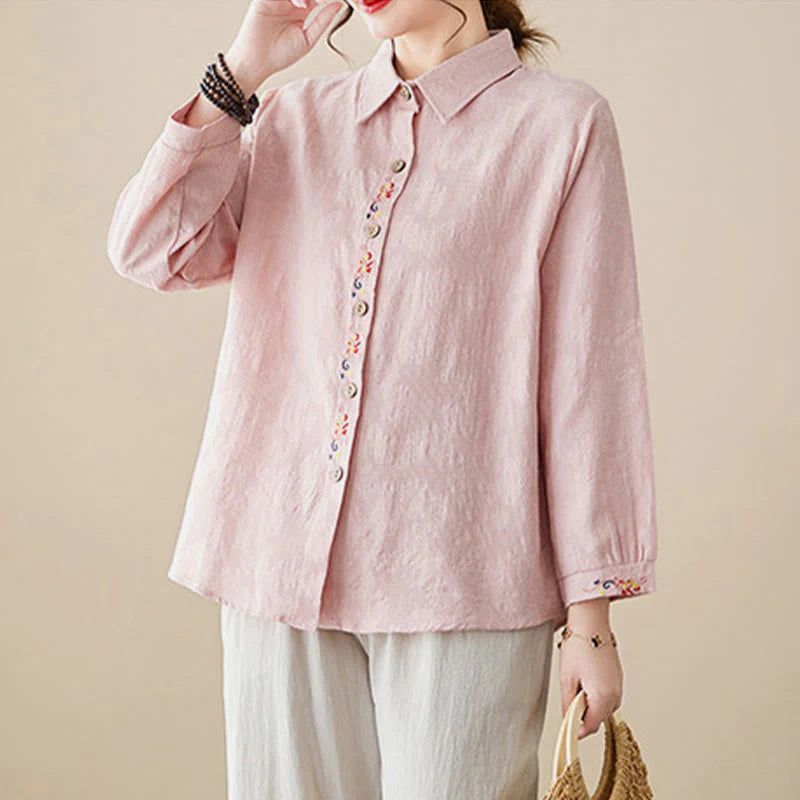 Buddha Stones Spring Plain Embroidered Flower Pattern Button Women's Long Sleeve Cotton Lapel Shirt