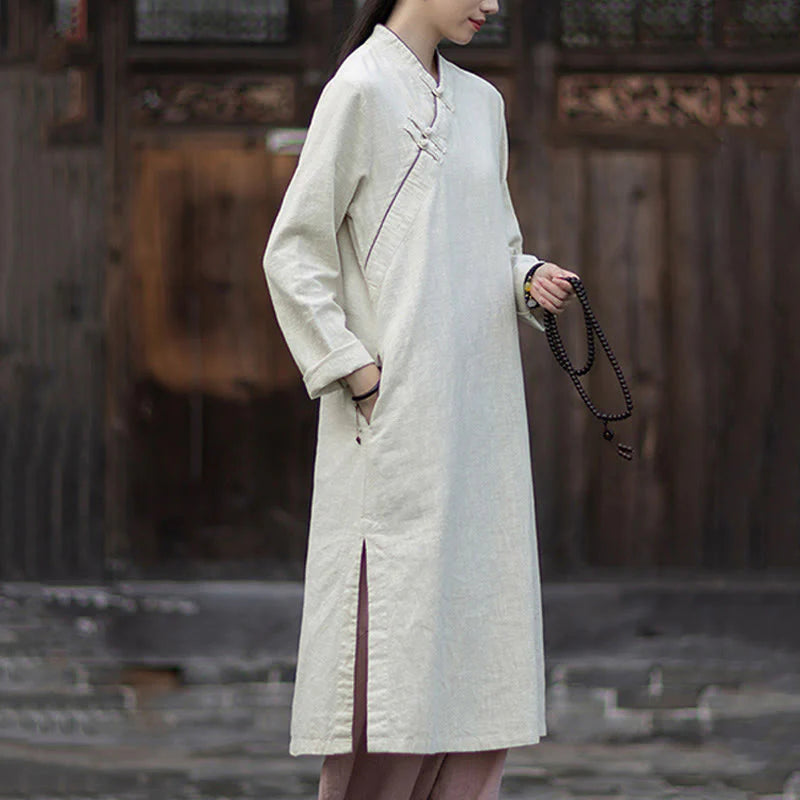 Buddha Stones Solid Frog-Button Long Sleeve Ramie Linen Midi Dress Cheongsam With Pockets