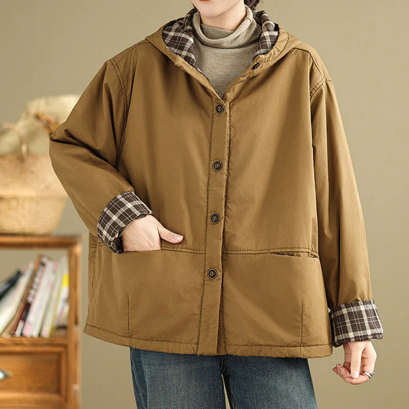 Buddha Stones Plaid Hoodie Pattern Women's Long Sleeve Cotton Thickened Jacket With Pockets