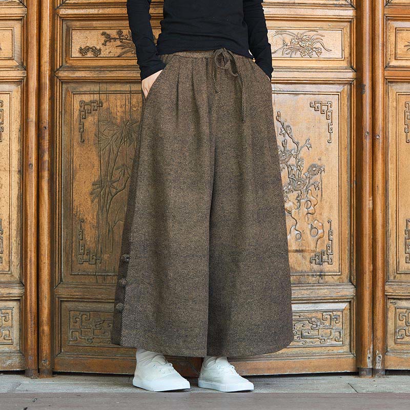 Buddha Stones Winter Chinese Frog-Button Design Corduroy Thermal Men's Wide Leg Pants With Pockets