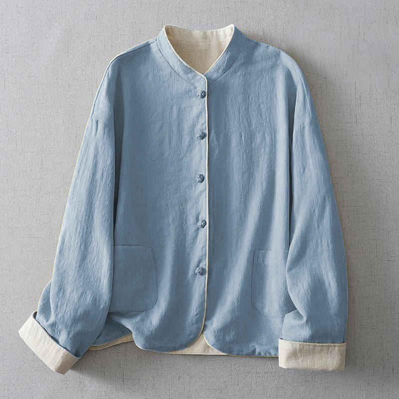 Buddha Stones Women's Plain Jacquard Stand Collar Long Sleeve Cotton Linen Jacket With Pockets