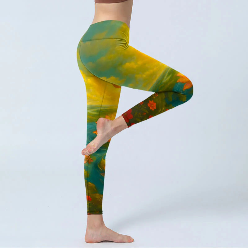 Buddha Stones Symmetrical Om Symbol Lotus Flower Small Flower Tree Cloud Pattern Print Gym Leggings Women's Yoga Pants