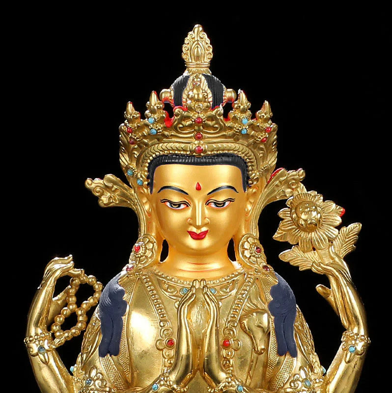 Buddha Stones Chenrezig Four-armed Avalokitesvara Protection Copper Gold Plated Statue Decoration