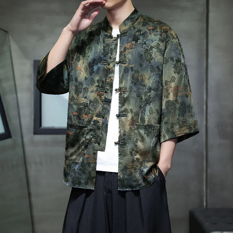 Buddha Stones Spring Frog-Button Dragon Mountain Flower Three Quarter Sleeve Tang Suit Men's Shirt With Pockets
