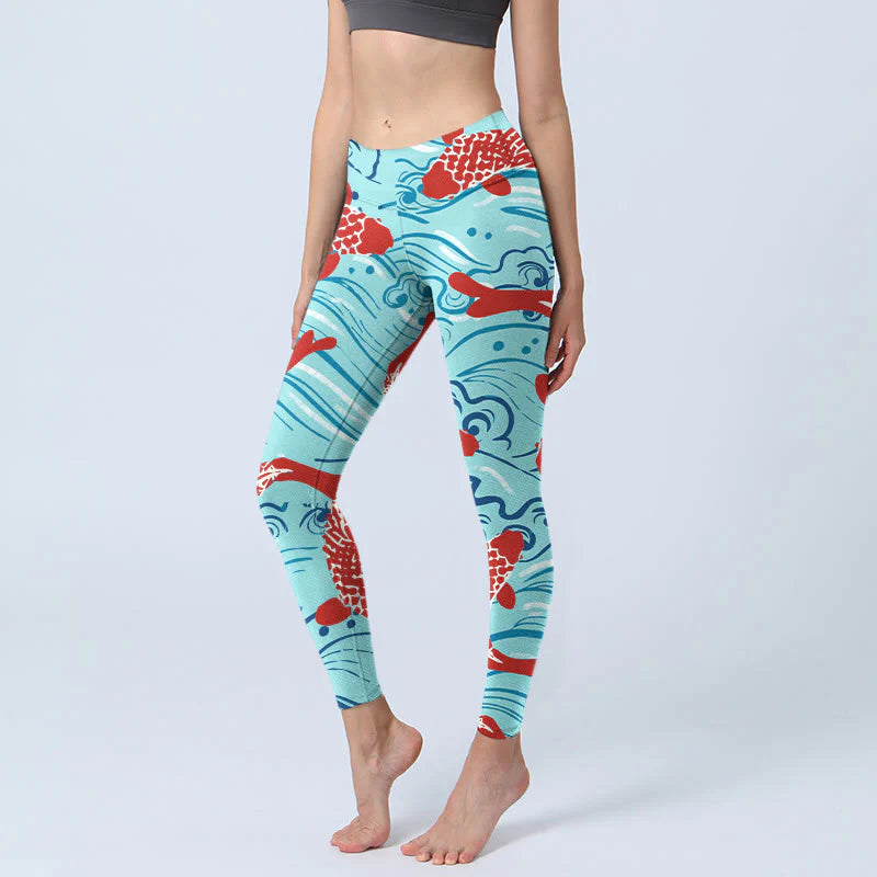 Buddha Stones Koi Fish Wave Pattern Print Gym Leggings Women's Yoga Pants