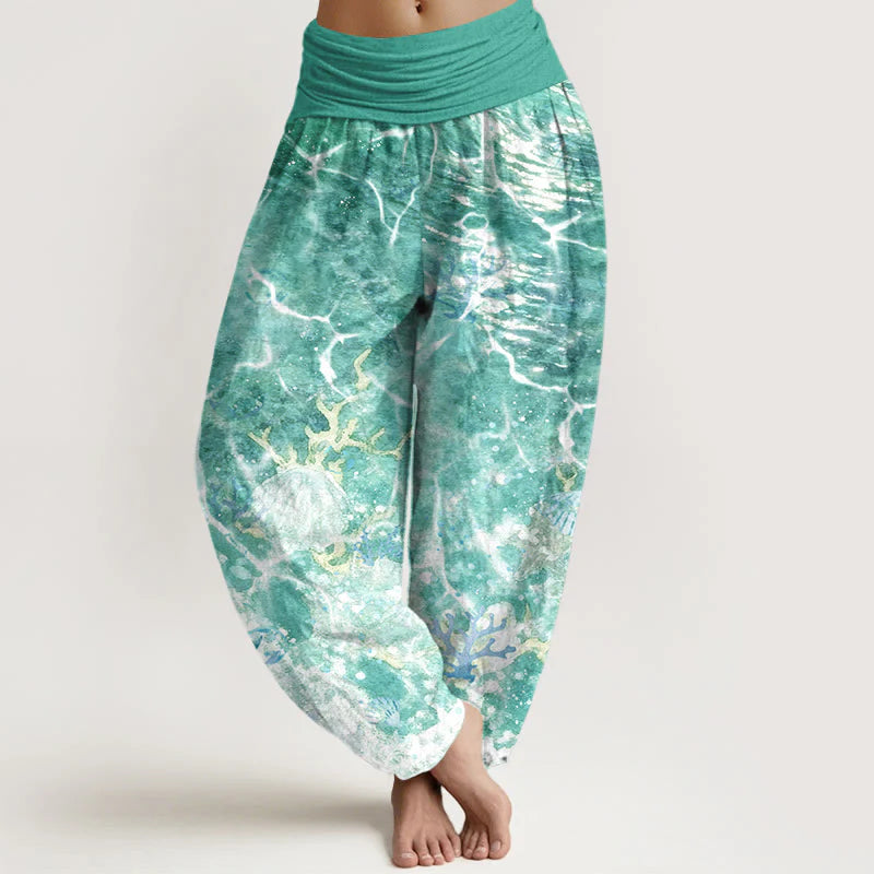 Buddha Stones Cotton Lively Ocean Seashells Coral Pattern Women's Elastic Waist Harem Pants