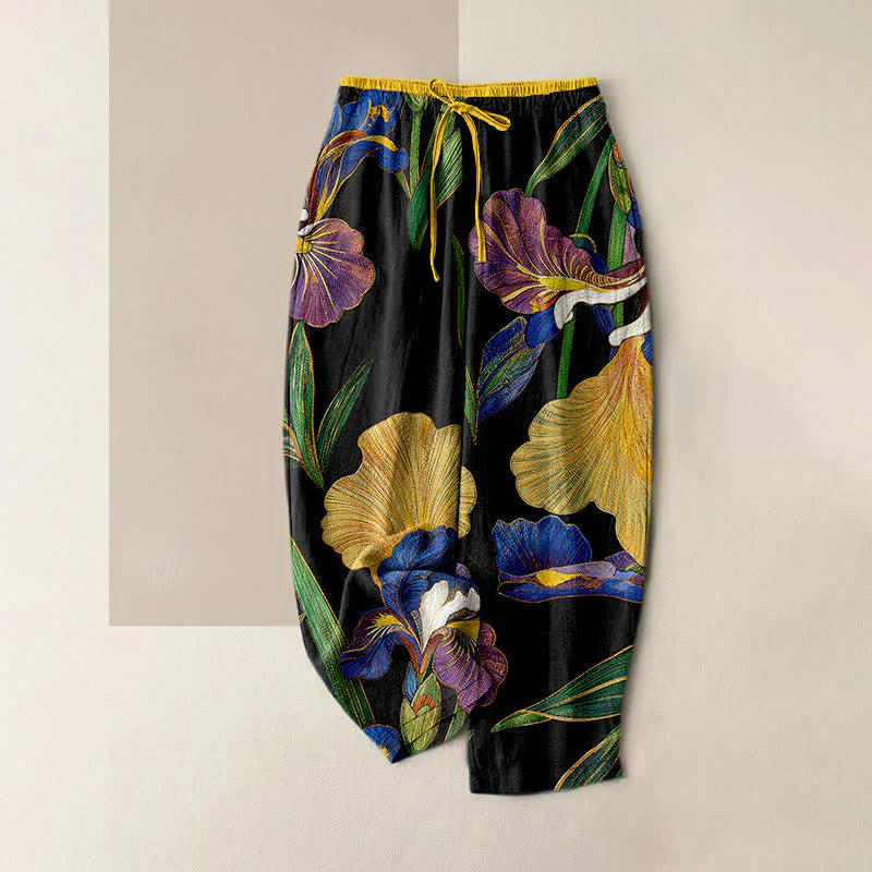 Buddha Stones Cotton Colorful Iris Floral Elastic Waist Drawstring Women's Pants With Pockets
