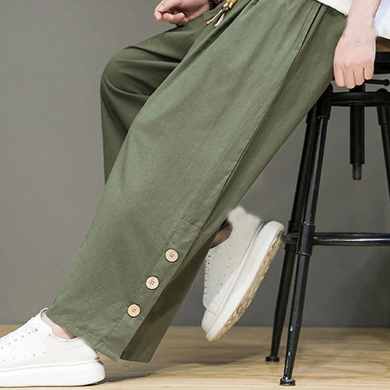 Buddha Stones Solid Color Linen Buttons Drawstring Men's Straight Leg Pants With Pockets