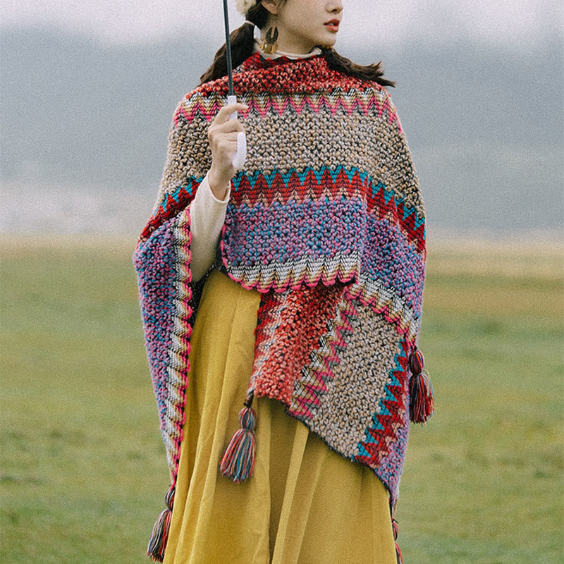 Buddha Stones Tibetan Shawl Warm Cloak Tibetan Tassel Scarf