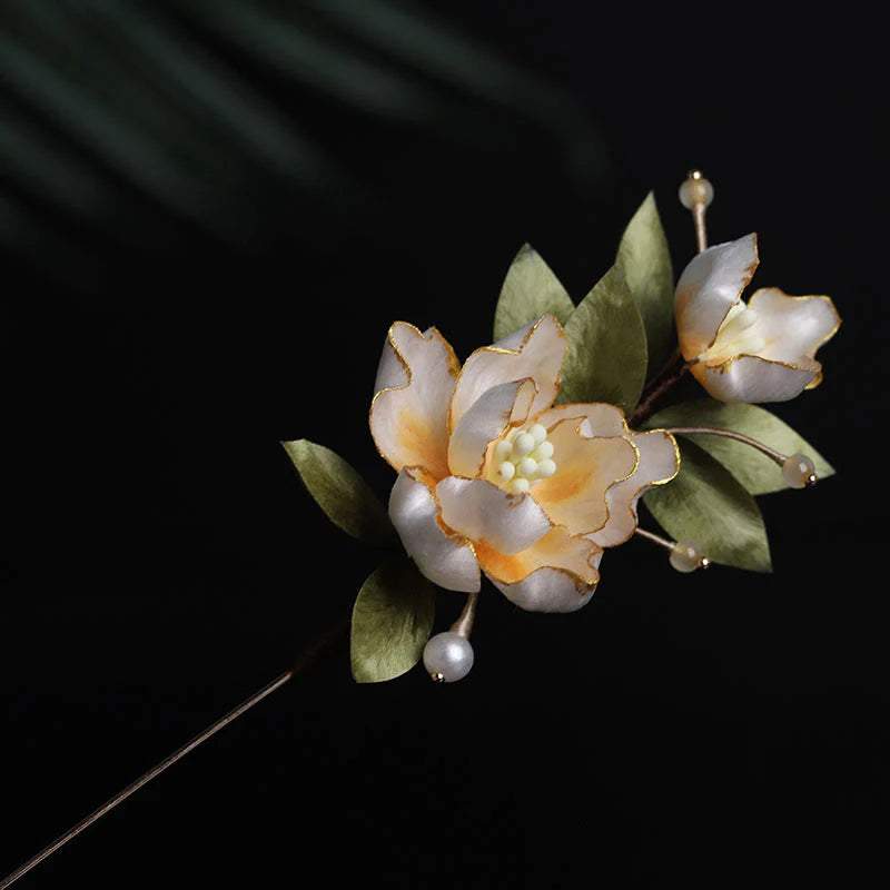 Buddha Stones Handcrafted Silk Art Golden Peony Flower Good Fortune Brooch