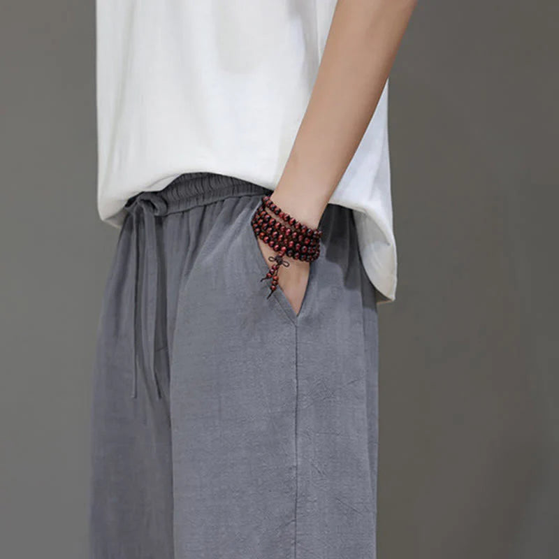 Buddha Stones Summer Men's Cotton Linen Straight Leg Pants With Pockets