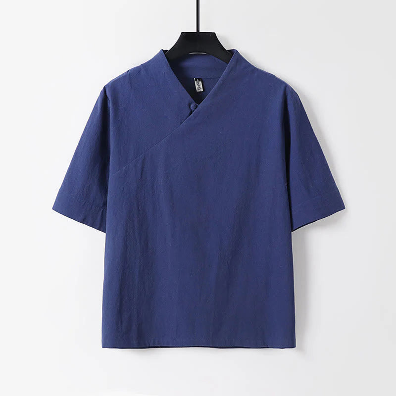 Buddha Stones 2Pcs V-Neck Cotton Half Sleeve Shirt Pants With Pockets Men's Meditation Cloth Set