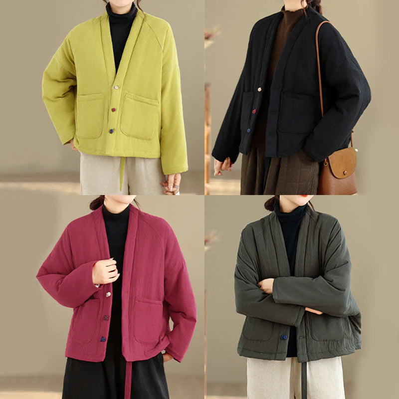 Buddha Stones Winter Long Sleeve Cotton Women's Thermal Jacket With Pockets