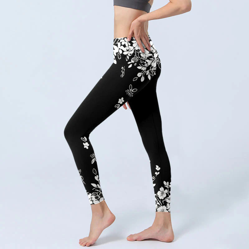 Buddha Stones Black White Contrast Flower Pattern Print Gym Leggings Women's Yoga Pants