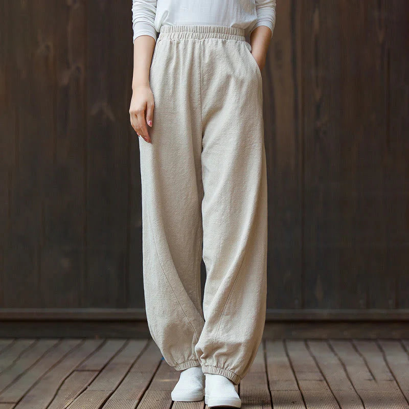 Buddha Stones Casual Solid Plain Color Carrot Elastic Waistband Cotton Ramie Women's Pants With Pockets
