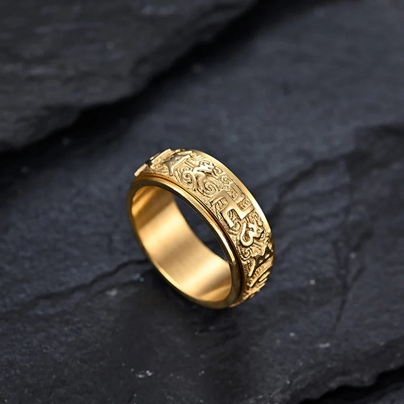 Buddha Stones Six True Words Balance Calm Titanium Steel Ring