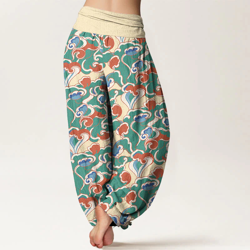 Buddha Stones Pure Cotton Small Clouds Gathered Women's Elastic Waist Harem Pants