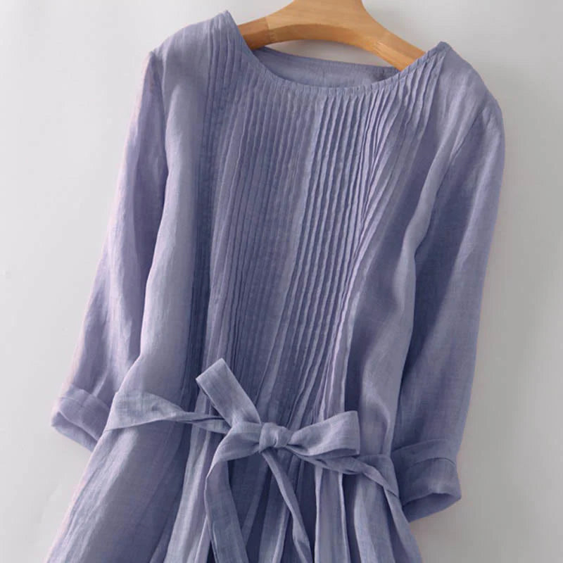 Buddha Stones Casual Lace-up Plain Crew Neck Half Sleeve Midi Dress With Pockets